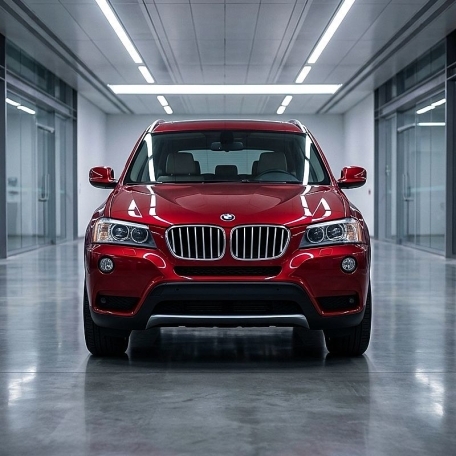 Red BMW SUV sitting in body shop after repair Alioto’s Folsom Street San Francisco Location two-ram-trucks-in-the-desert-FCA-Certified-Collision-Repair-Allard-Collision