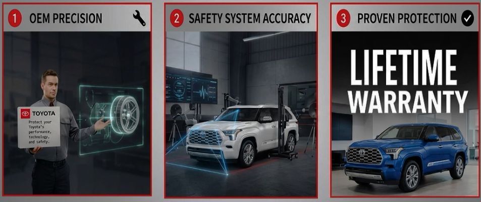 Toyota ADAS with man holding sign and Toyota cars for Alioto’s Auto Body San Francisco Toyota-ADAS-safety-and-Warranty-after-auto-body-repair-Aliotos-Auto-Body-San-Francisco