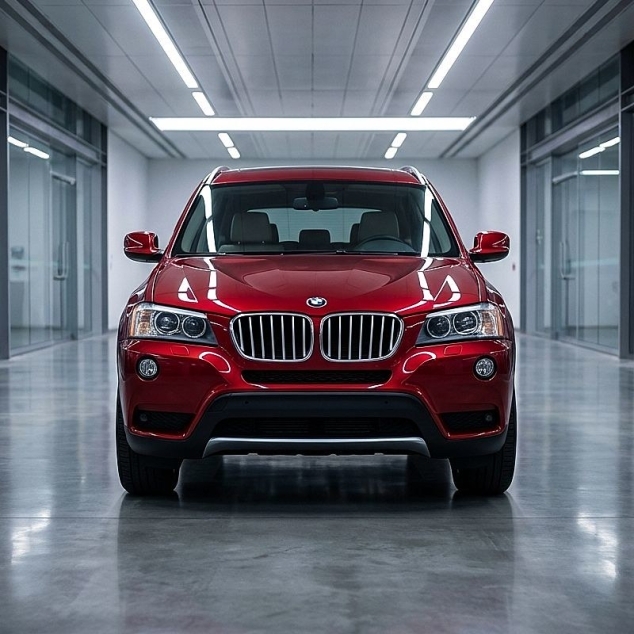 Red-BMW-SUV-sitting-in-body-shop-after-repair-Aliotos-Folsom-Street-San-Francisco-Location