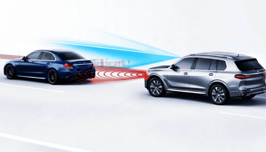 Blue-and-silver-Mercedes-cars-on-highway-showing-how-the-ADAS-works-Aliotos-Auto-Body-San-Franciso