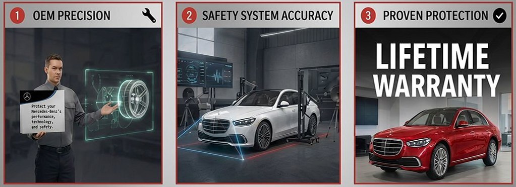 Mercedes-Certified-Collision-Repair-Insights-man-showing-ADAS-wheel-with-white-mercedes-and-Red-merceds-Lifetime-Waranty-Aliotos-Auto-Body