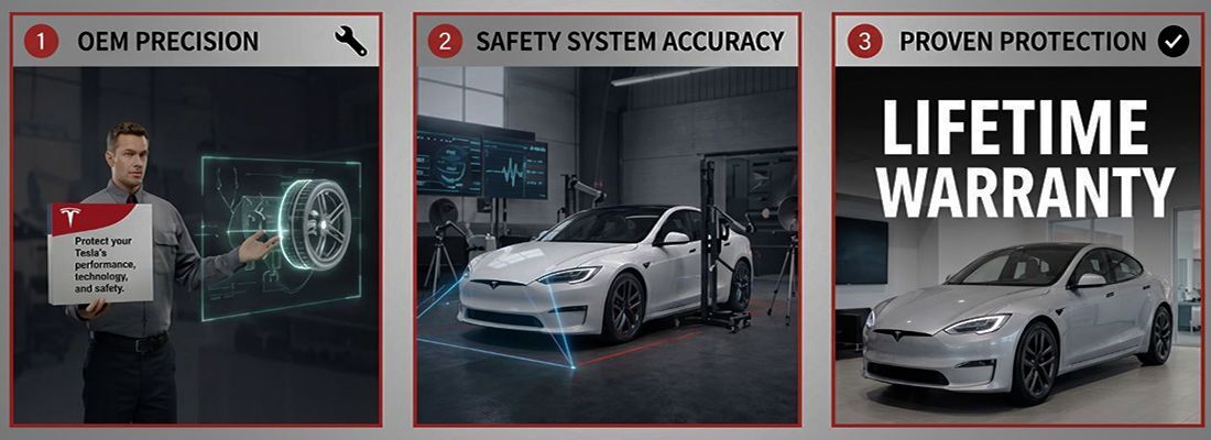 Tesla-ADAS-showing-diagram-and-man-holding-sign-for-Aliotos-Auto-Body-San-Francisco