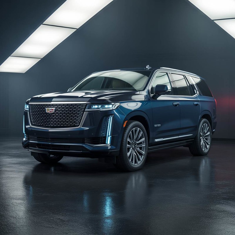 Cadillac-suv-blue-sitting-in-lighting-after-repair-Aliotos-Garage- Cadillac-suv-blue-sitting-in-lighting-after-repair-Aliotos-Garage