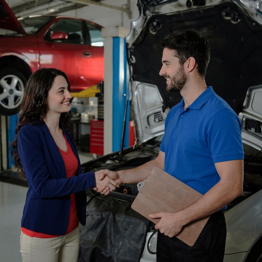 Auto Body Customer talking with auto body tech about insurance claim at Alioto’s Auto Body Auto-Body-Customer-talking-with-auto-body-tech-about-insurance-claim-at-Aliotos-Auto-Body