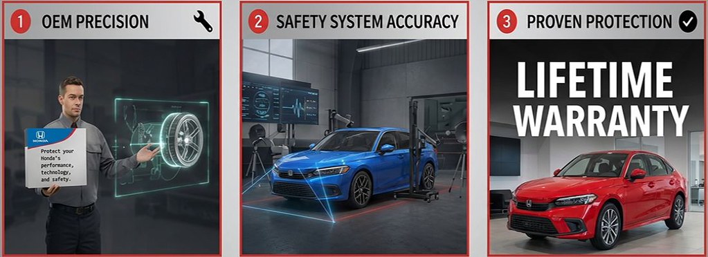 Honda-Certified-Collision-Repair-Insights-man-showing-ADAS-wheel-with-blue-honda-and-Red-honda-Lifetime-Waranty-Aliotos-Auto-Body.