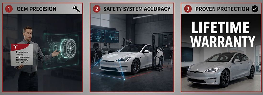 Tesla-ADAS-showing-diagram-and-man-holding-sign-for-Aliotos-Auto-Body-San-Francisco