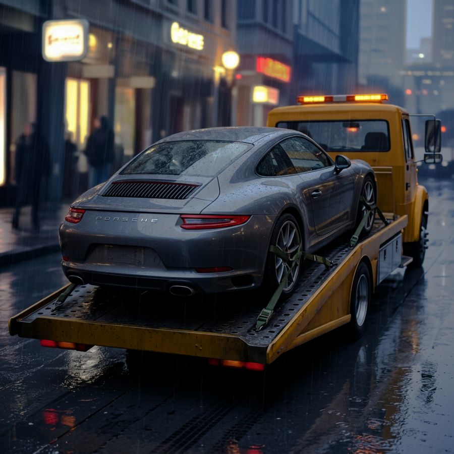 Porsche vehicle on a Tow truck in rain being towed to Alioto’s Auto Body San Francisco Porsche-vehicle-on-a-Tow-truck-in-rain-being-towed-to-Aliotos-Auto-Body-San-Francisco