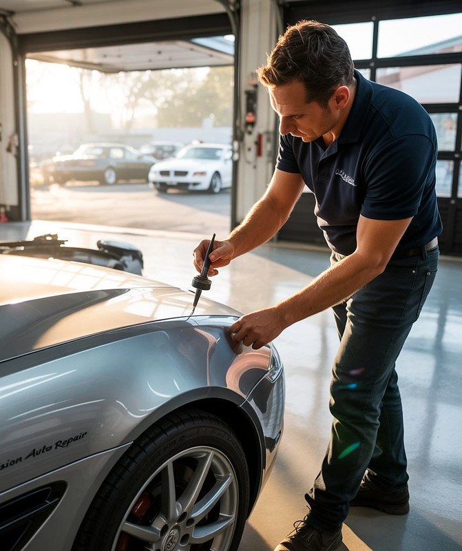 auto-body-tech-doing-pdr-on-a-car-in-shop-at-Aliotos-Auto-Body-San-Francisco.