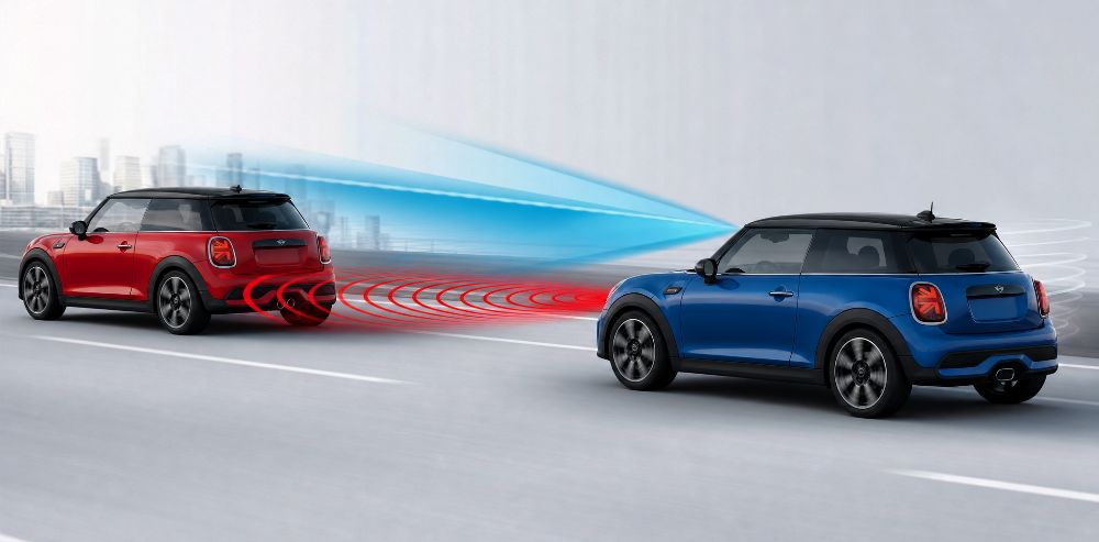 Red and Blue MINI Cooper showing the ADAS working in a sketch driving on highway for Alioto’s Red-and-Blue-MINI-Cooper-showing-the-ADAS-working-in-a-sketch-driving-on-highway-for-Aliotos
